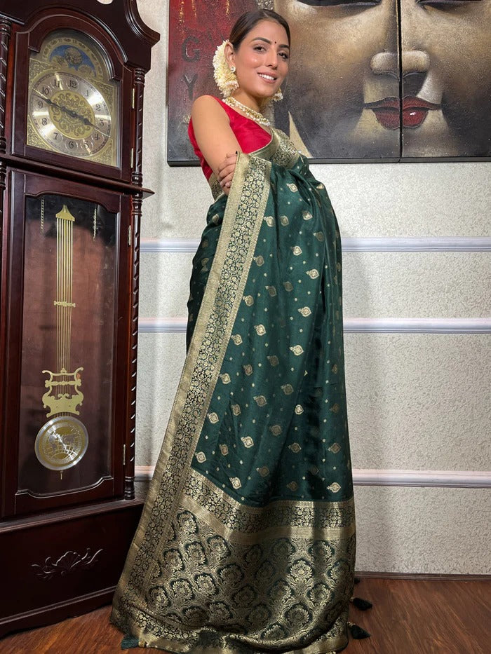 Bottle Green Silk Saree with Gold Zari Work