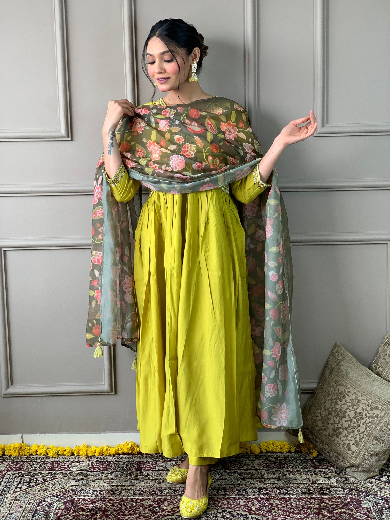 Lime Yellow Embroidered Anarkali Kurta Set