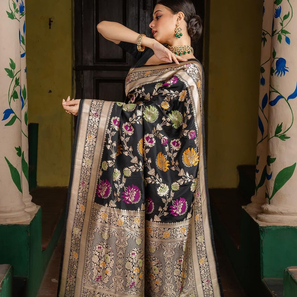 Black Silk Saree with Multicolor Floral Zari Work & Rich Border