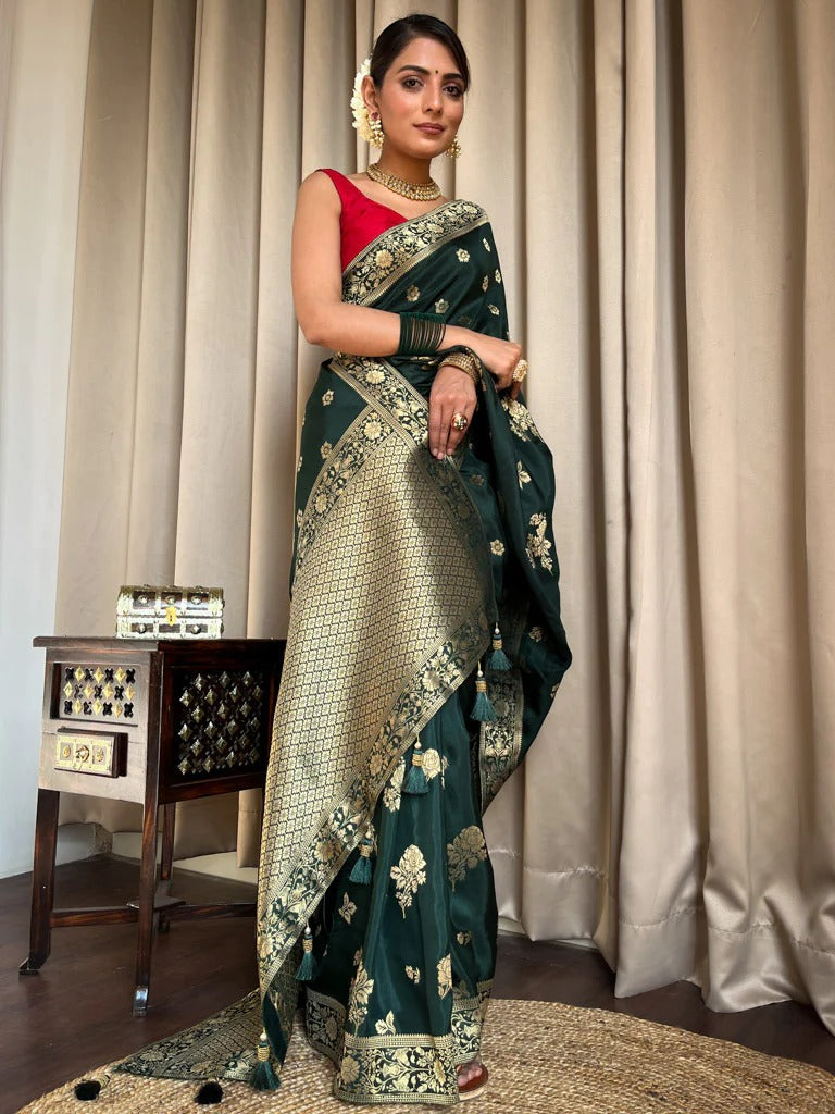 Dark Green Silk Saree with Gold Zari Work