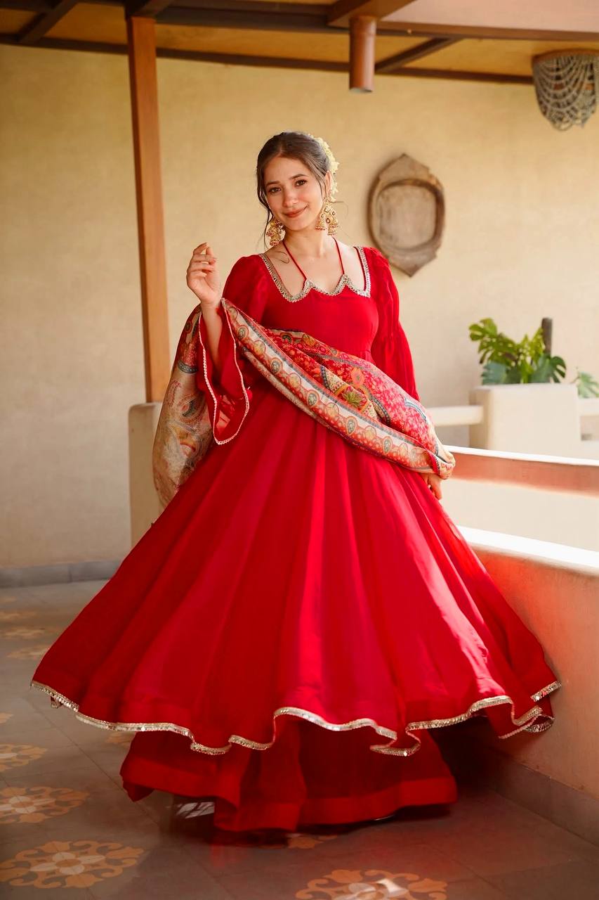 Chic Cherry Red Georgette Flared Anarkali Kurti with Wide Pants & Kalamkari Print Dupatta Set for Women