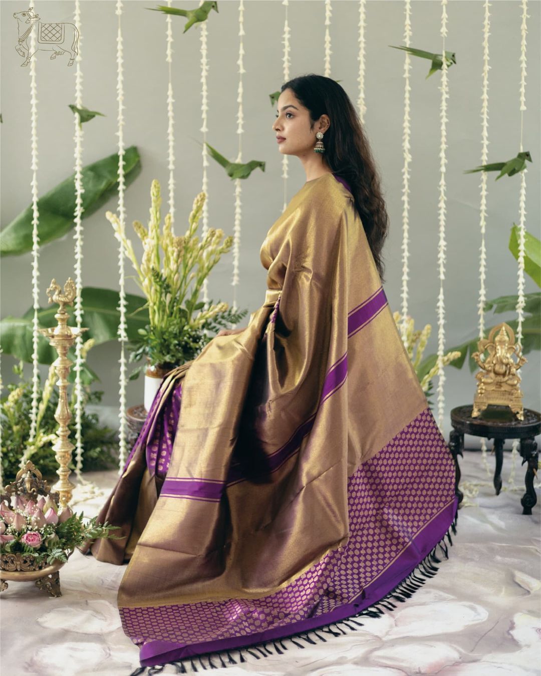 Purple Silk Saree with Gold & Brown Border