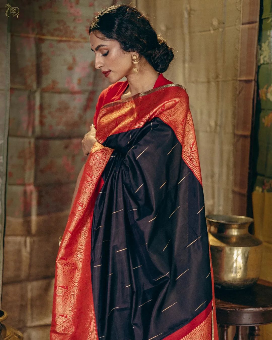 Black Silk Saree with Red-Gold Brocade Pallu