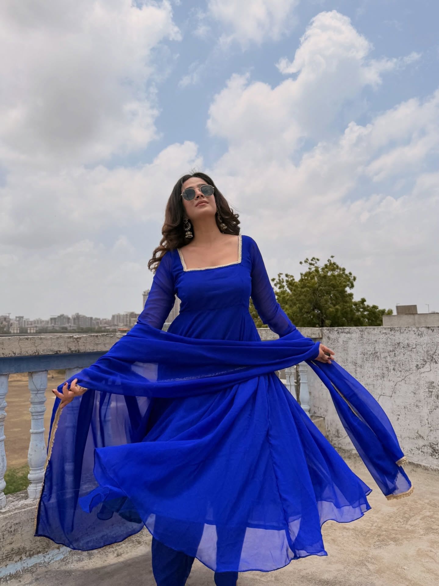 Royal Blue Georgette Anarkali Suit Set with Gold Border Dupatta