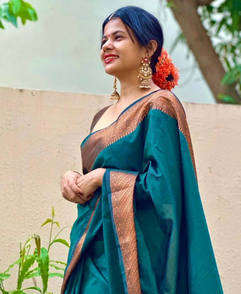 Turquoise Silk Saree with Rich Zari Border