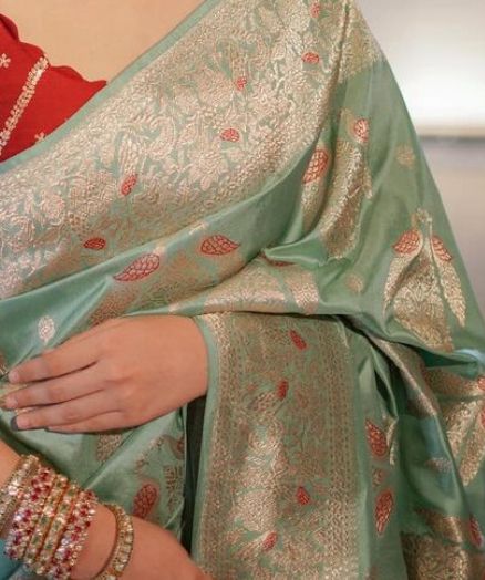Mint Green Silk Saree with Gold Zari & Red Blouse