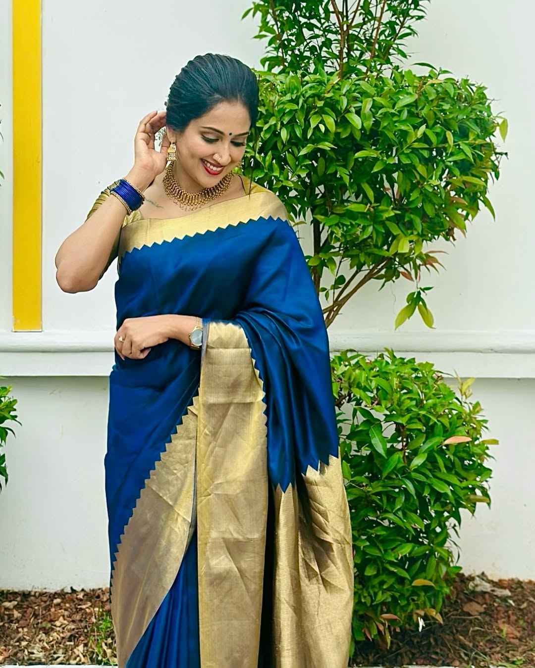 Deep Blue Silk Saree with Gold Zari Border