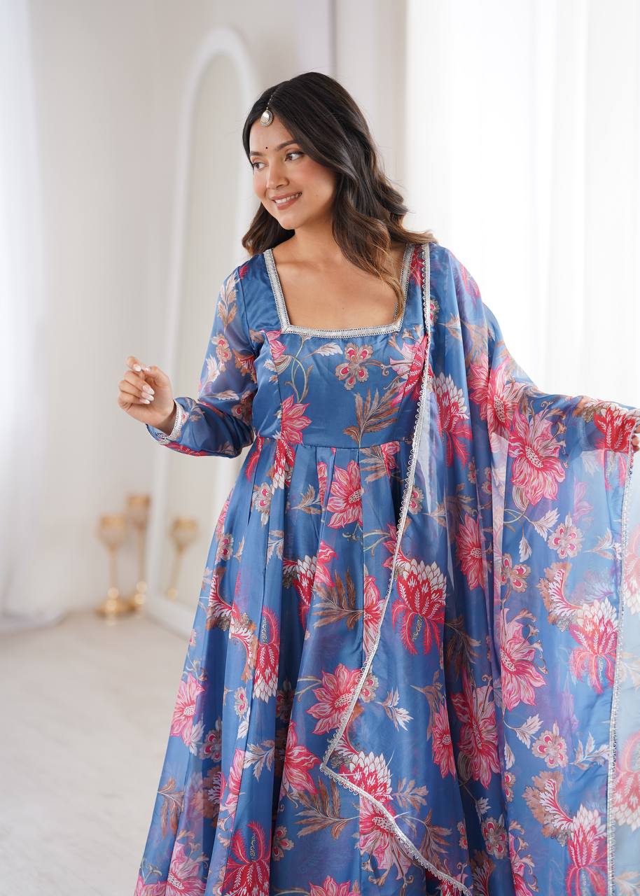 Blue Floral Print Georgette Anarkali Set with Dupatta