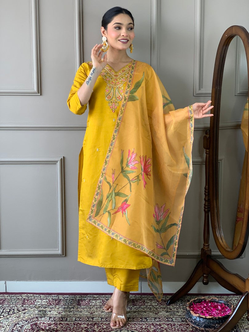 Yellow Embroidered Straight Kurta with Pants & Dupatta