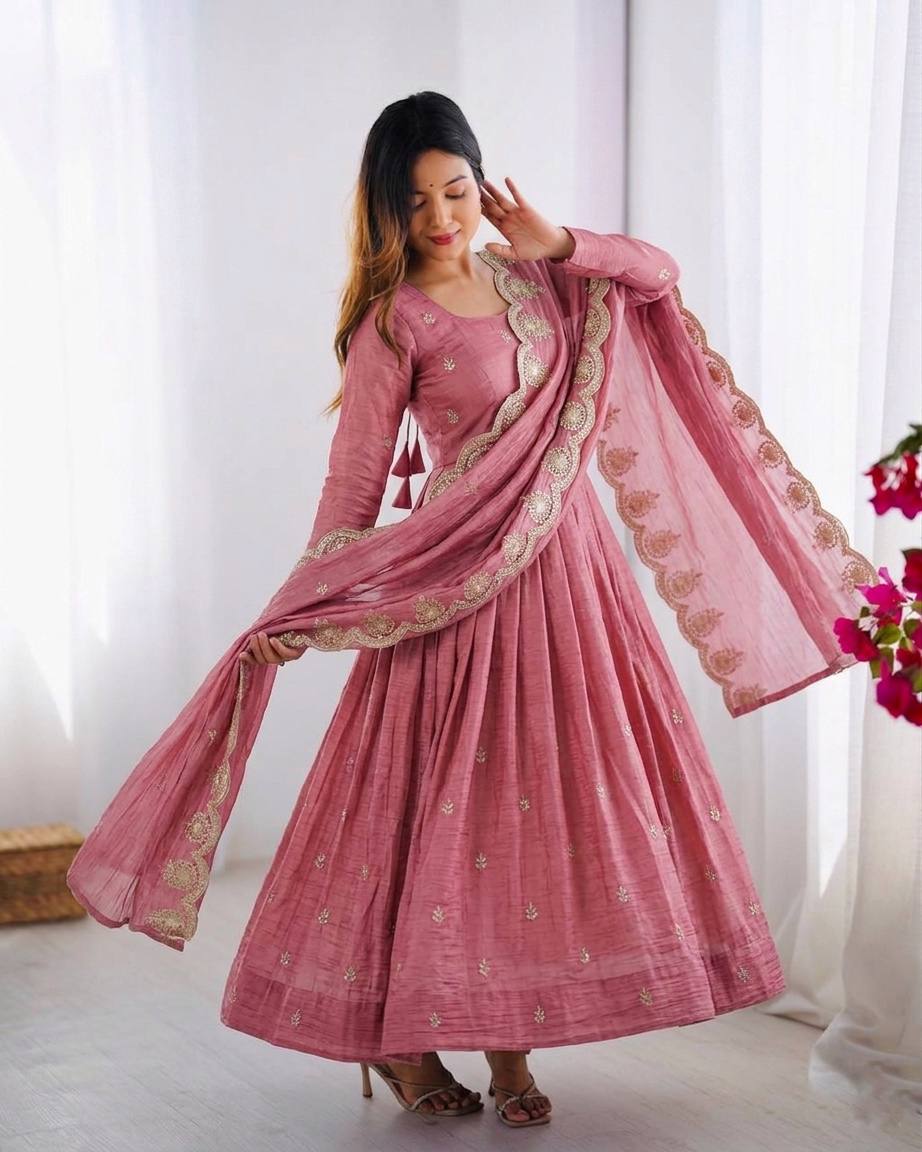 SEO Title Dusty Rose Textured Silk Anarkali Suit Set with Cutwork Scallop Dupatta