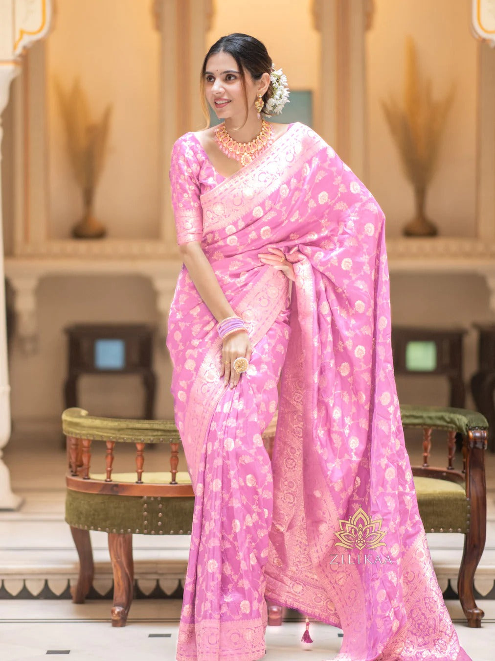 Baby Pink Silk Saree with Gold Zari Work