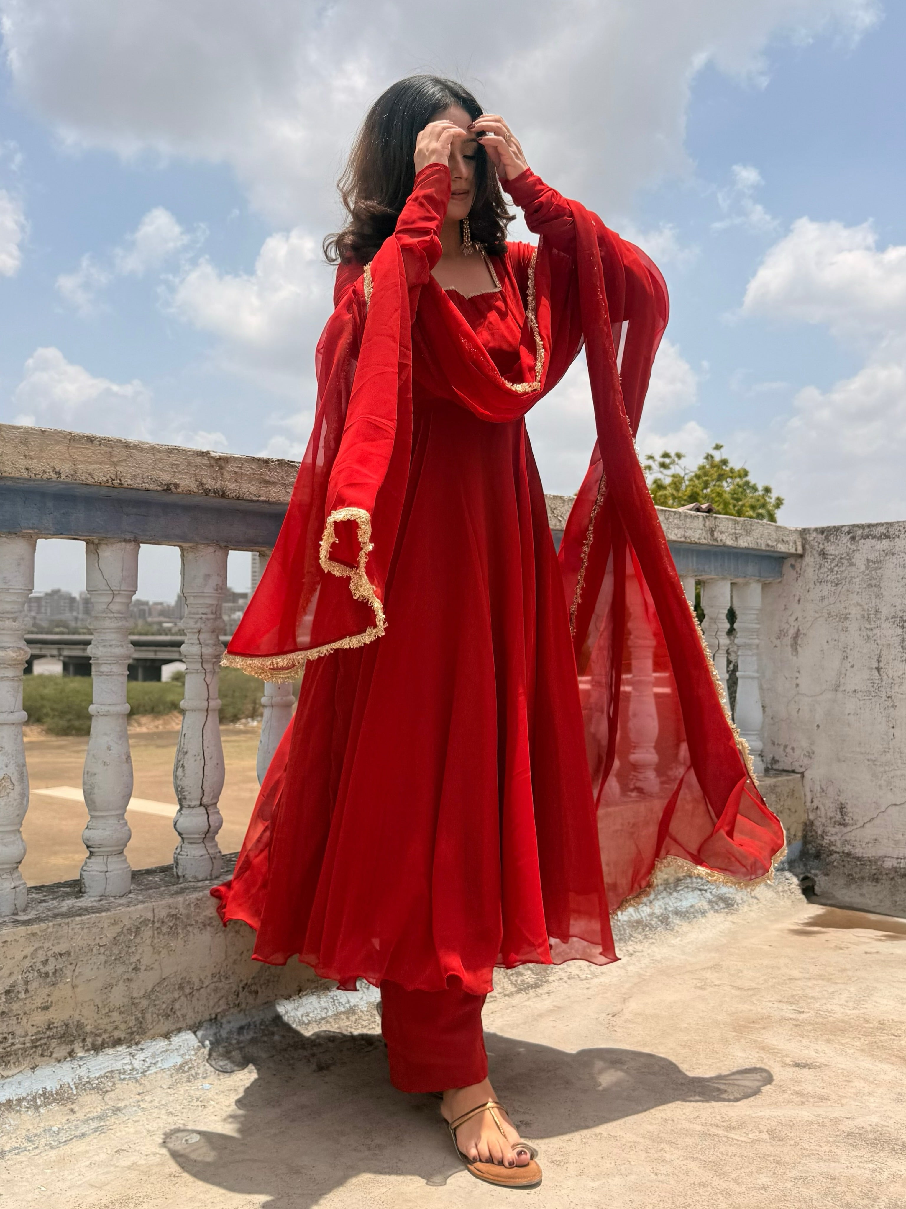 Classic Red Georgette Anarkali Suit Set with Lace Border Dupatta