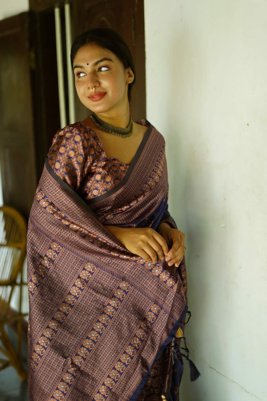 Navy Blue Silk Saree with Copper Floral Motifs