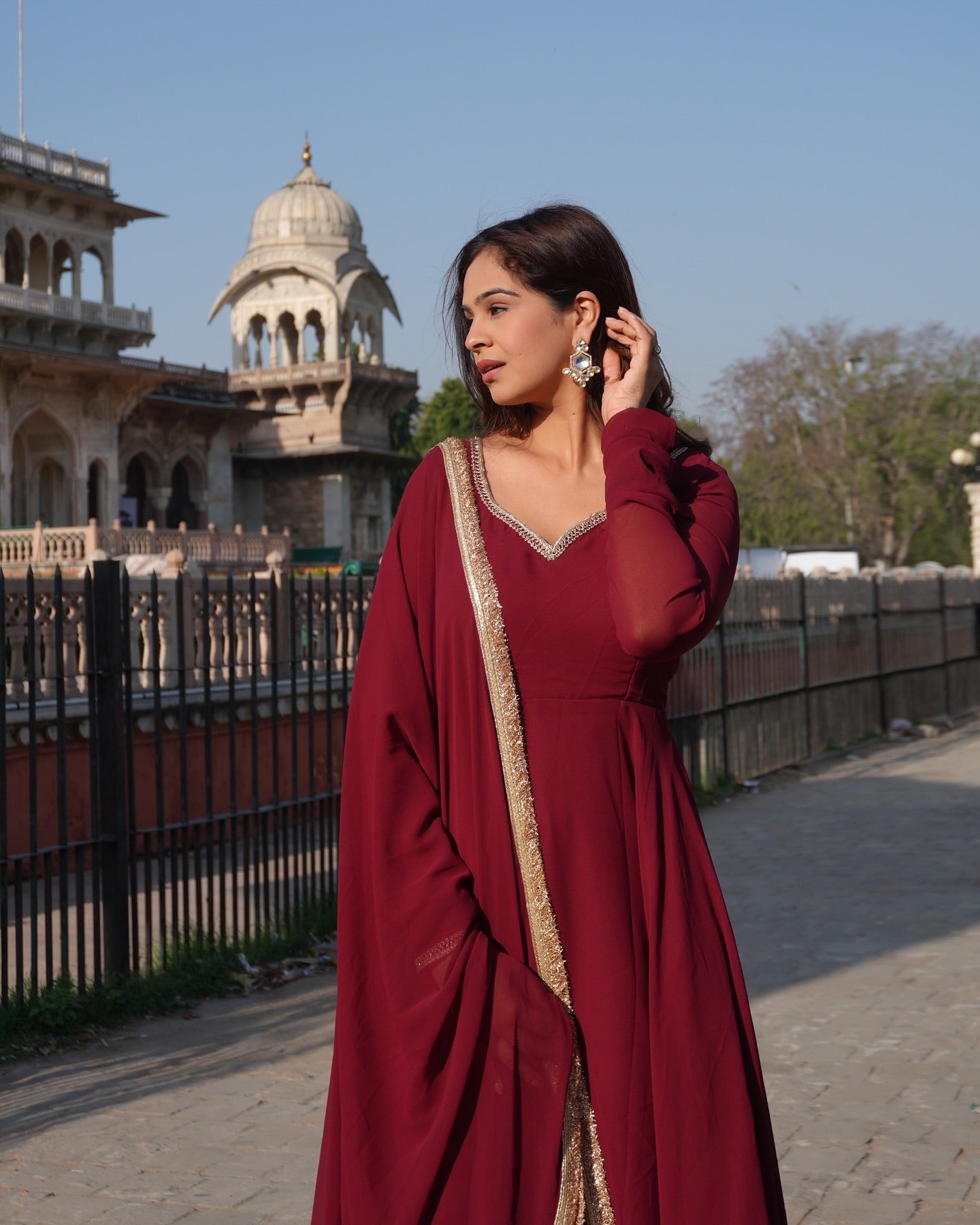 Maroon Georgette Anarkali Suit Set with Lace Neckline & Bordered Dupatta