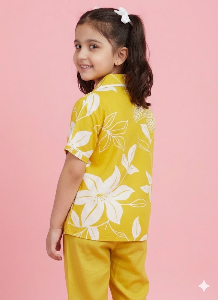 Girls Yellow Floral Printed Shirt & Pants Set | Kids Summer Co-Ord Outfit