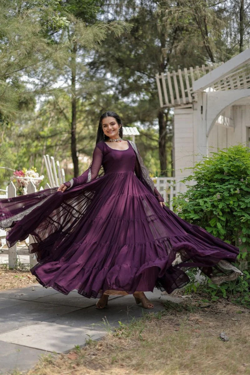 Dark Purple Anarkali Gown with Embroidered Dupatta for Women