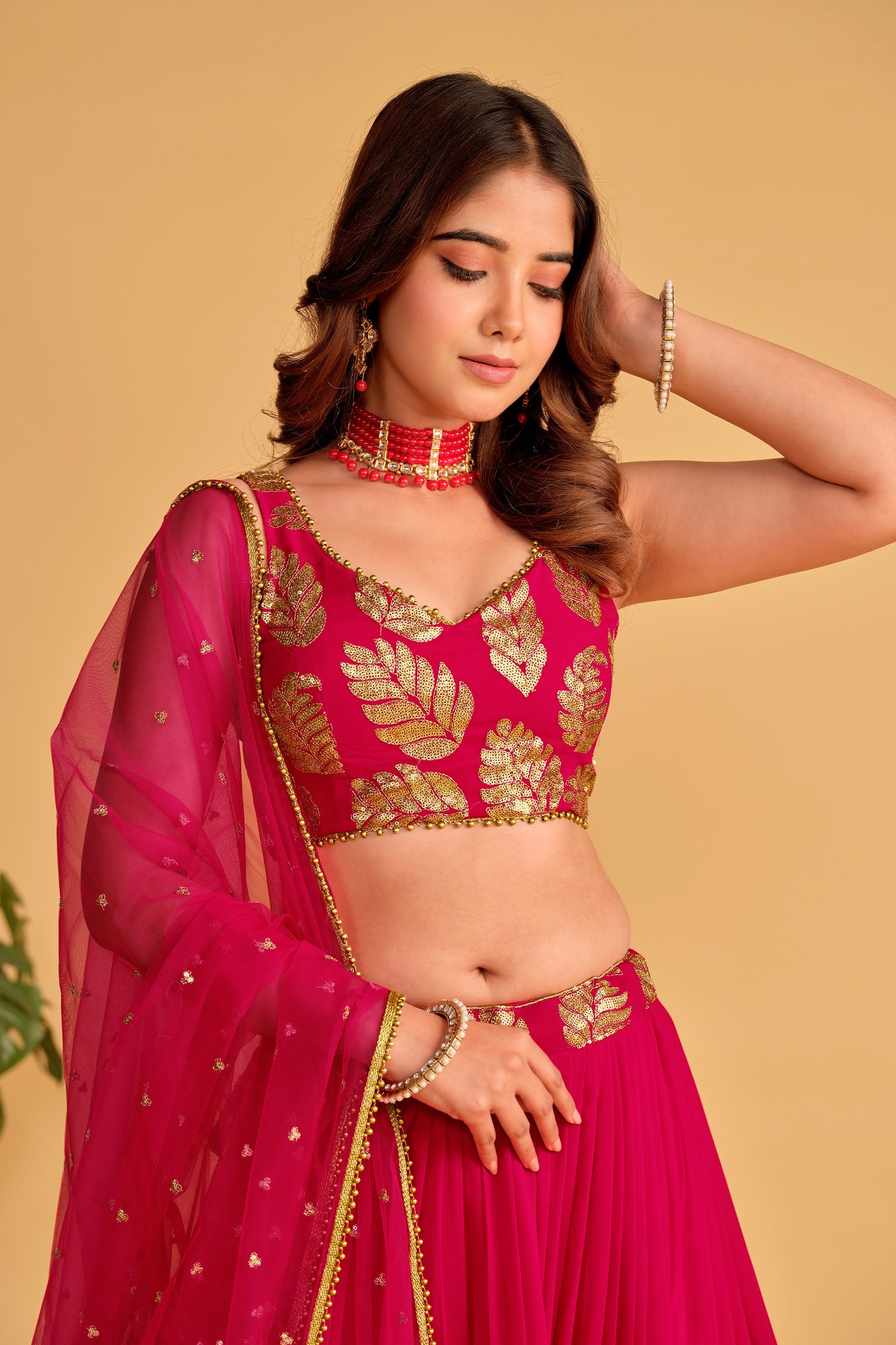 Pink Lehenga Set with Gold Embroidery