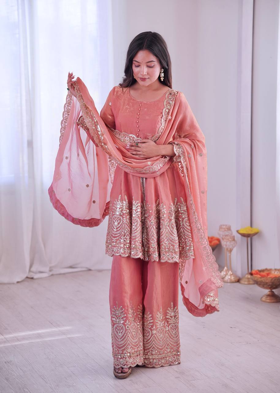 Heavily Embellished Tissue Silk Short Kurta Sharara Set with Organza Dupatta