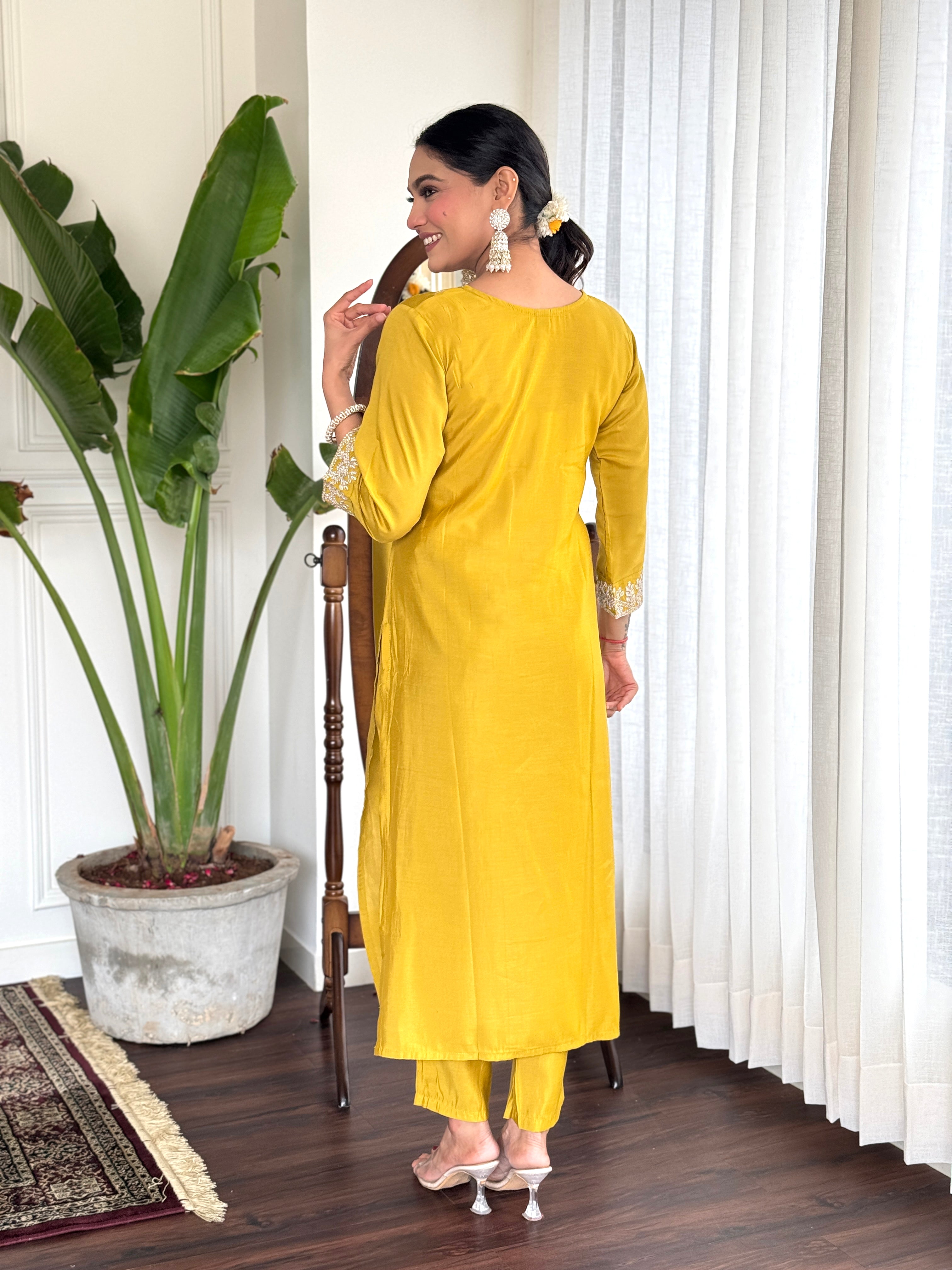 Bright Yellow Embroidered Kurta Set with Dupatta for Women