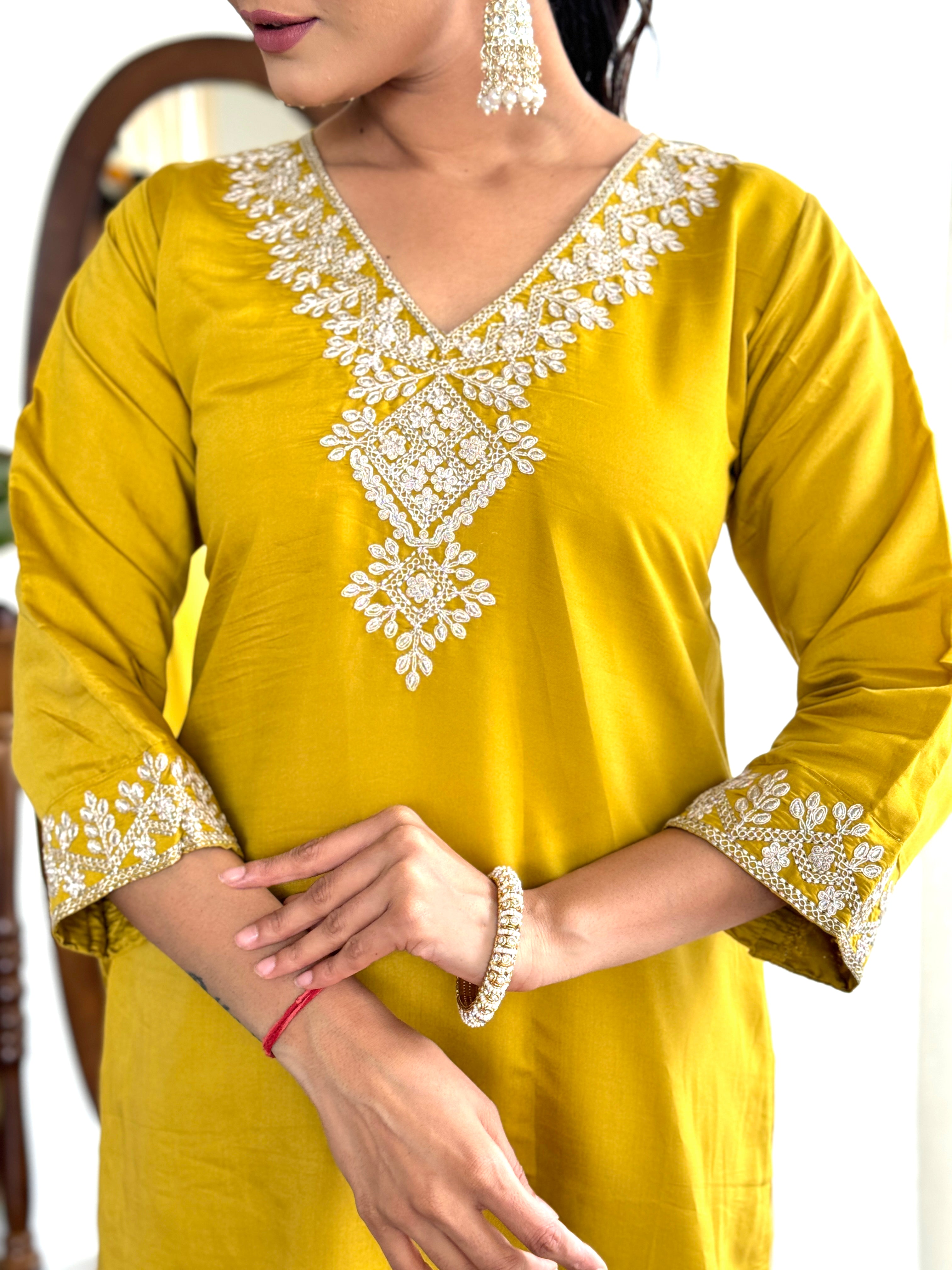 Bright Yellow Embroidered Kurta Set with Dupatta for Women