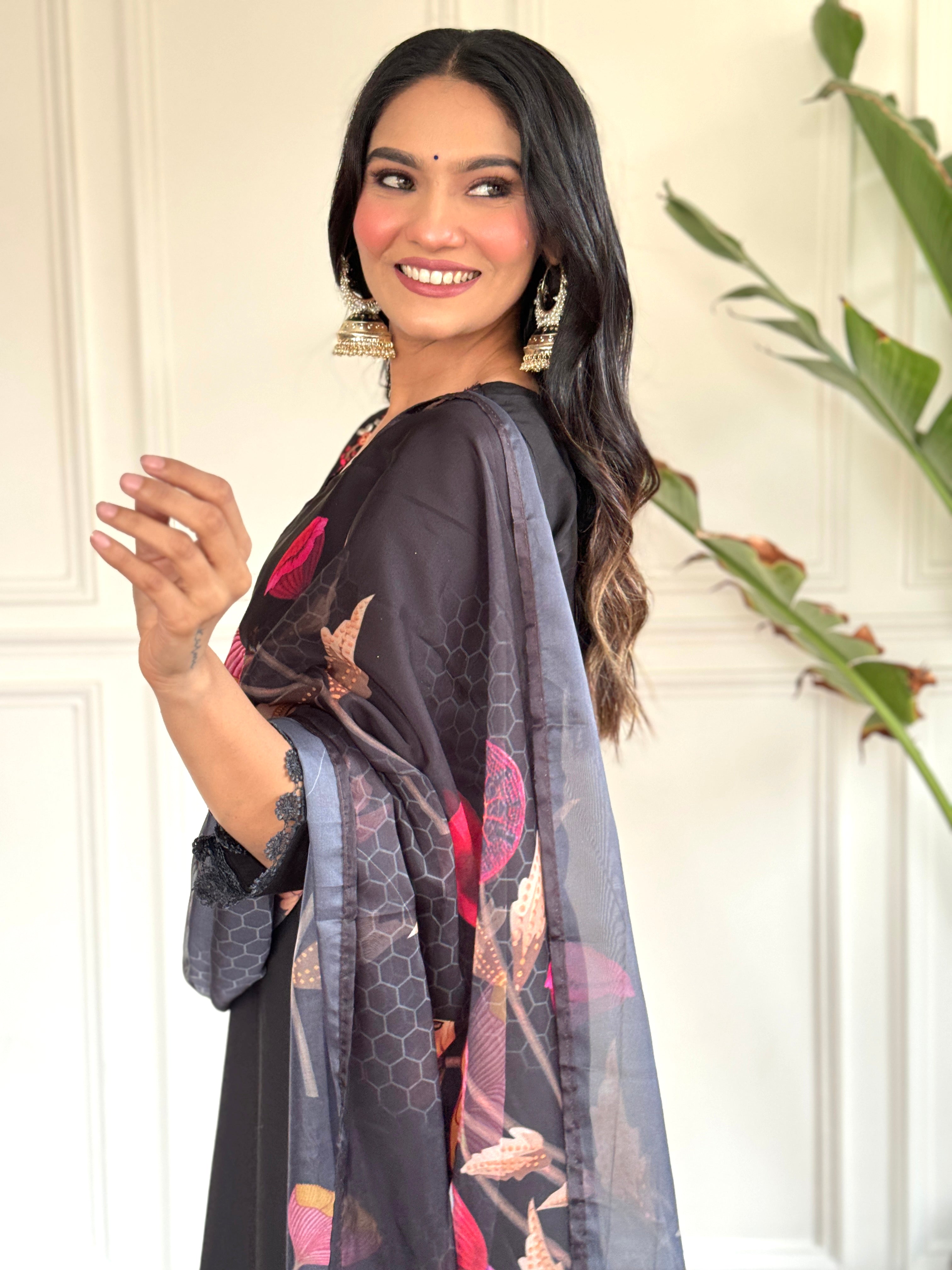 Black Floral Embroidered Kurta Set with Printed Dupatta for Women