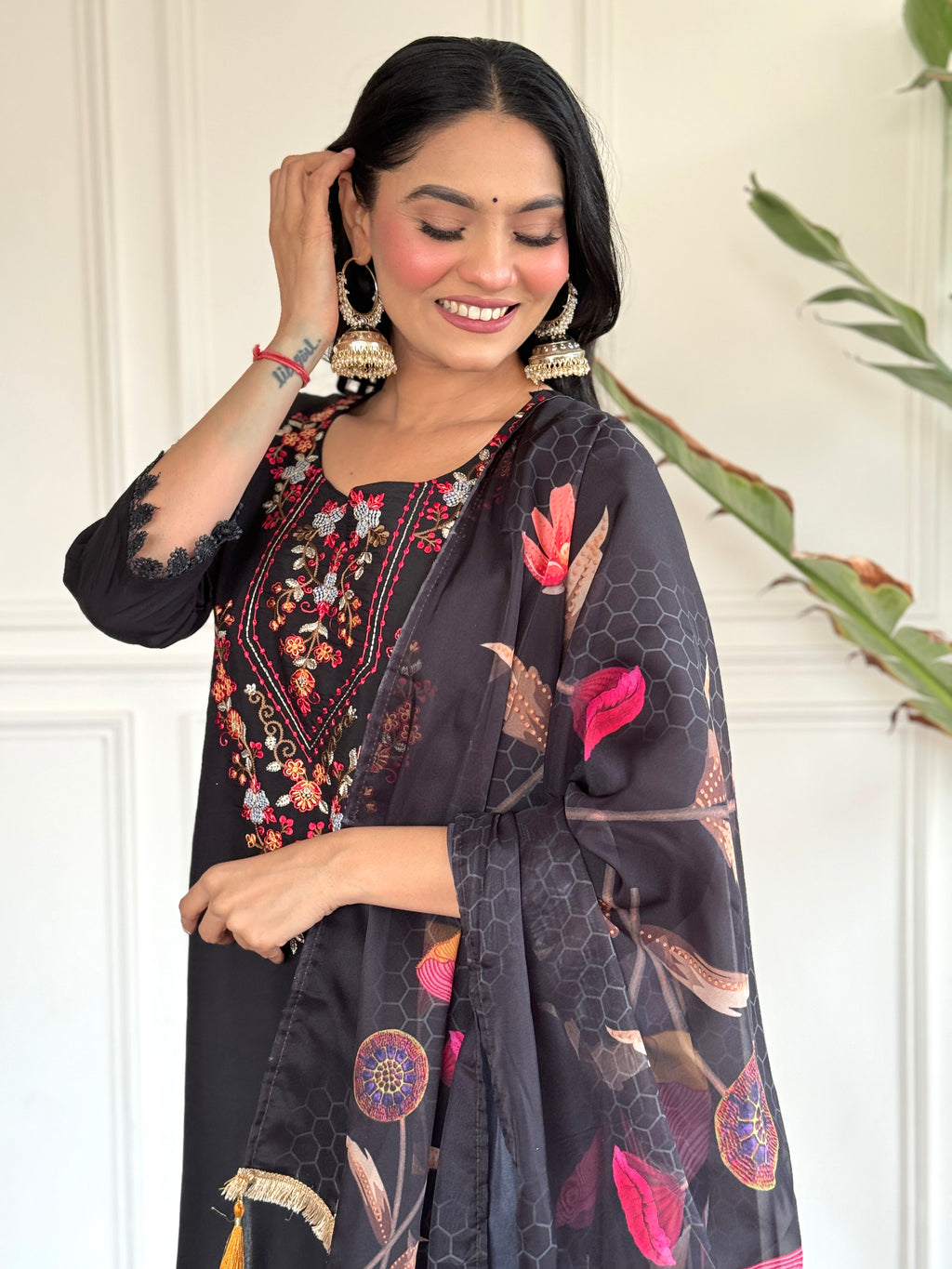 Black Floral Embroidered Kurta Set with Printed Dupatta for Women