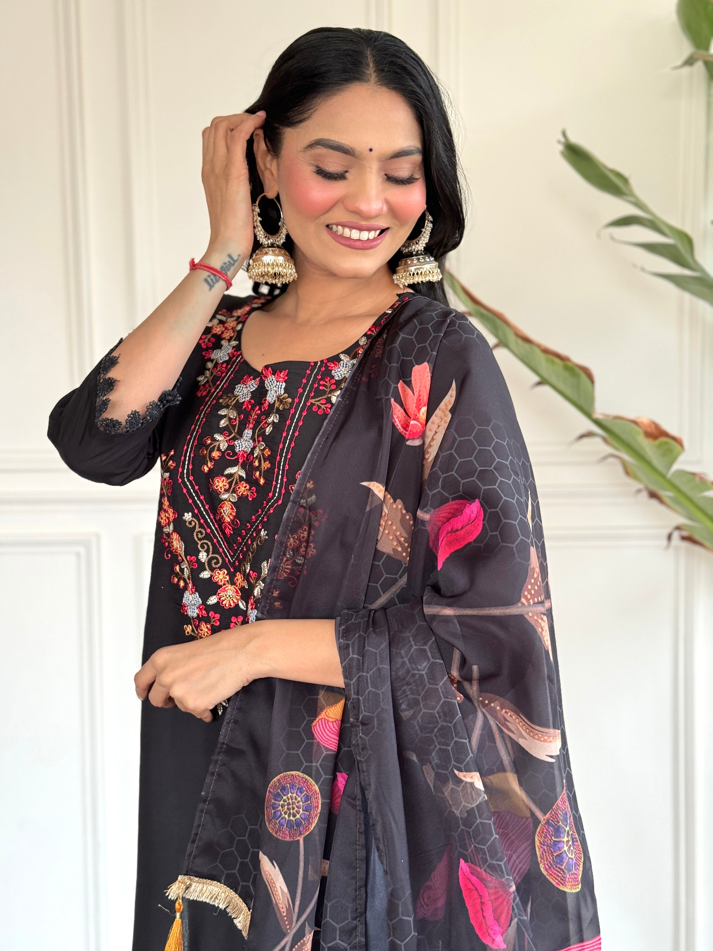 Black Floral Embroidered Kurta Set with Printed Dupatta for Women