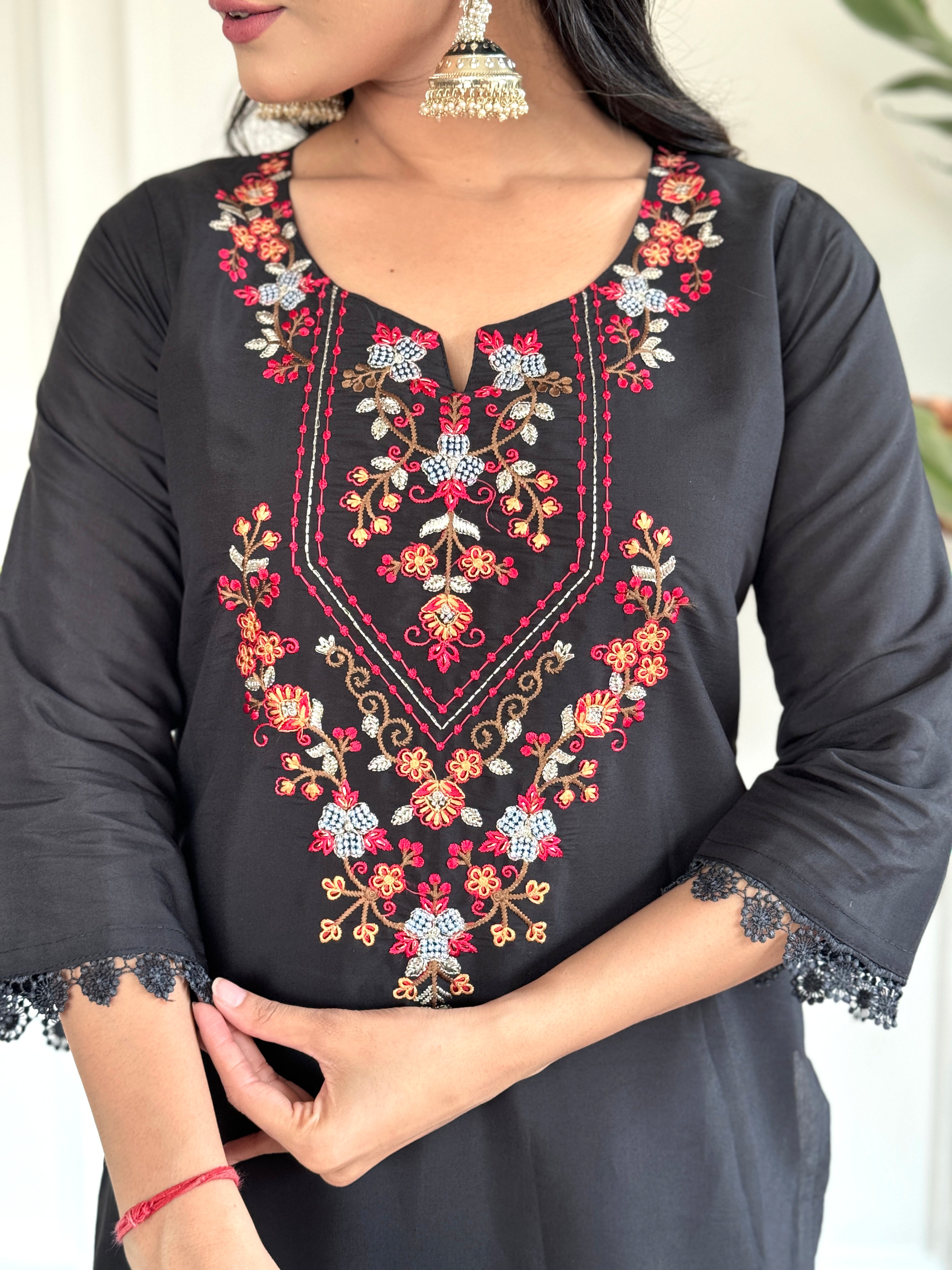 Black Floral Embroidered Kurta Set with Printed Dupatta for Women