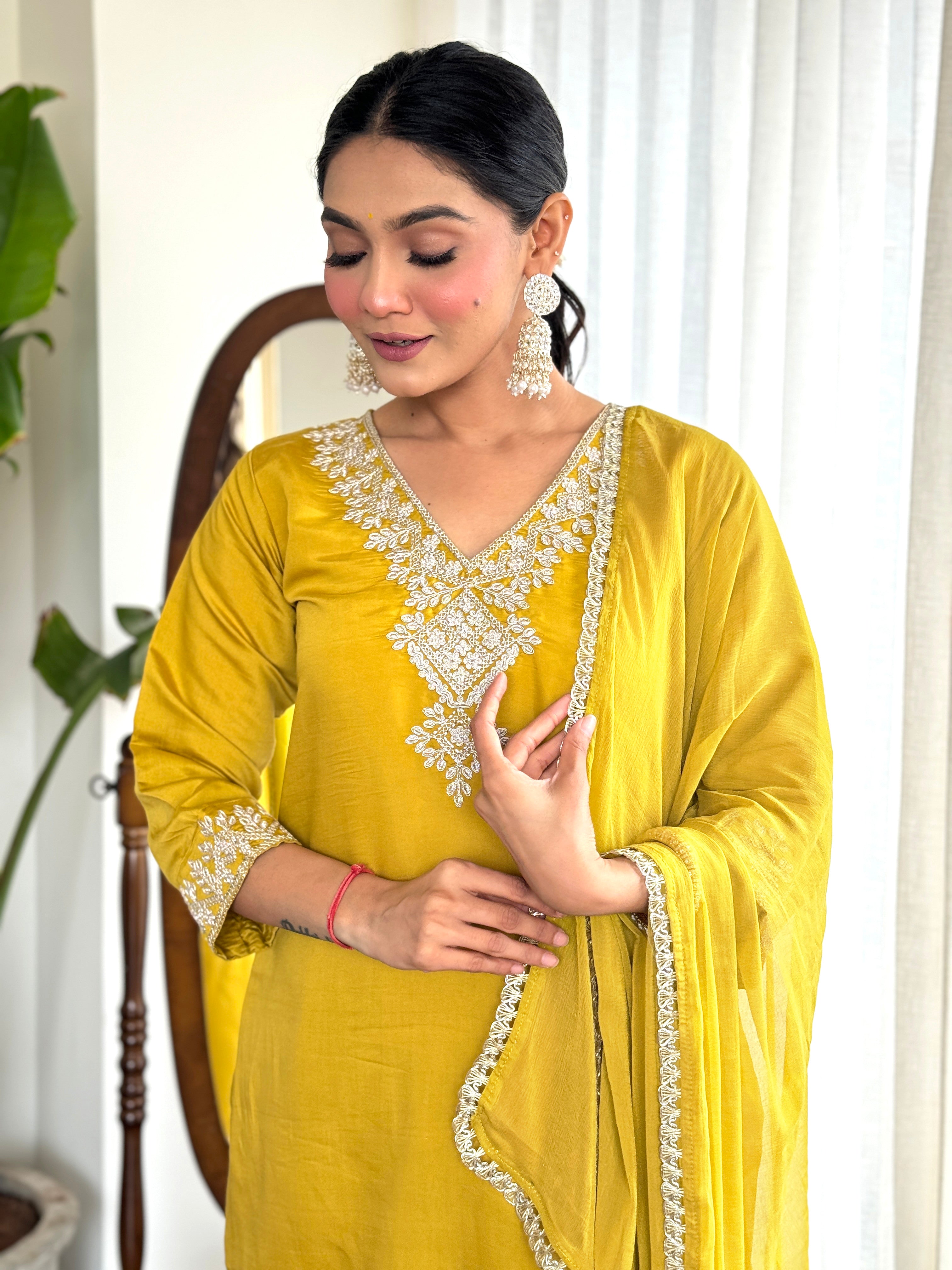 Bright Yellow Embroidered Kurta Set with Dupatta for Women