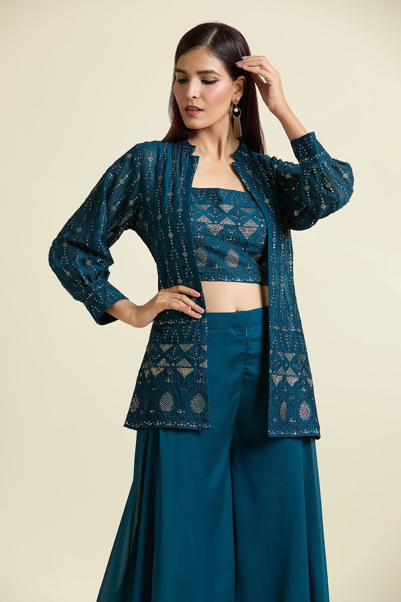 Turquoise Embroidered Co-ord Set for Women