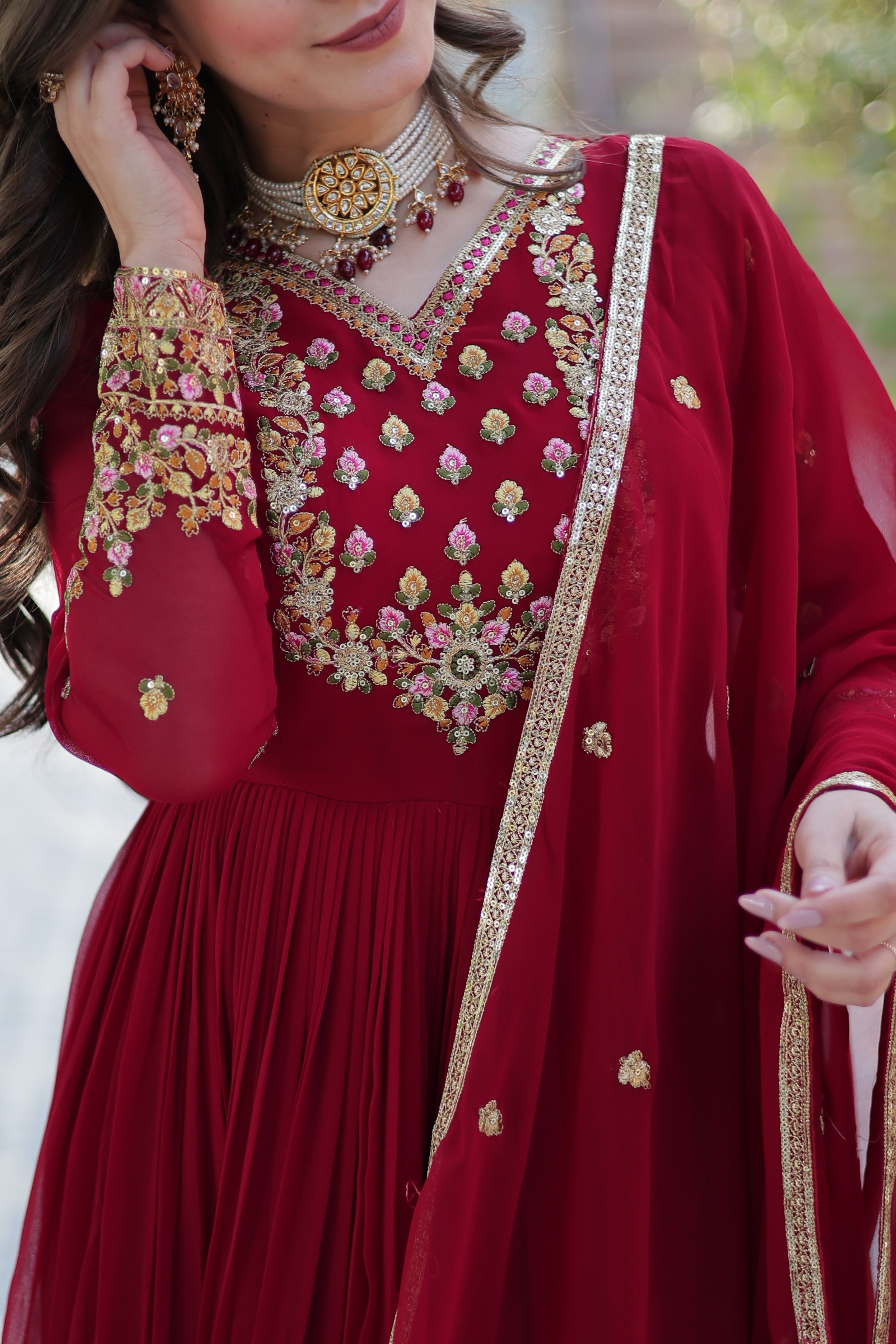 Red Embroidered Anarkali Suit with Dupatta for Women