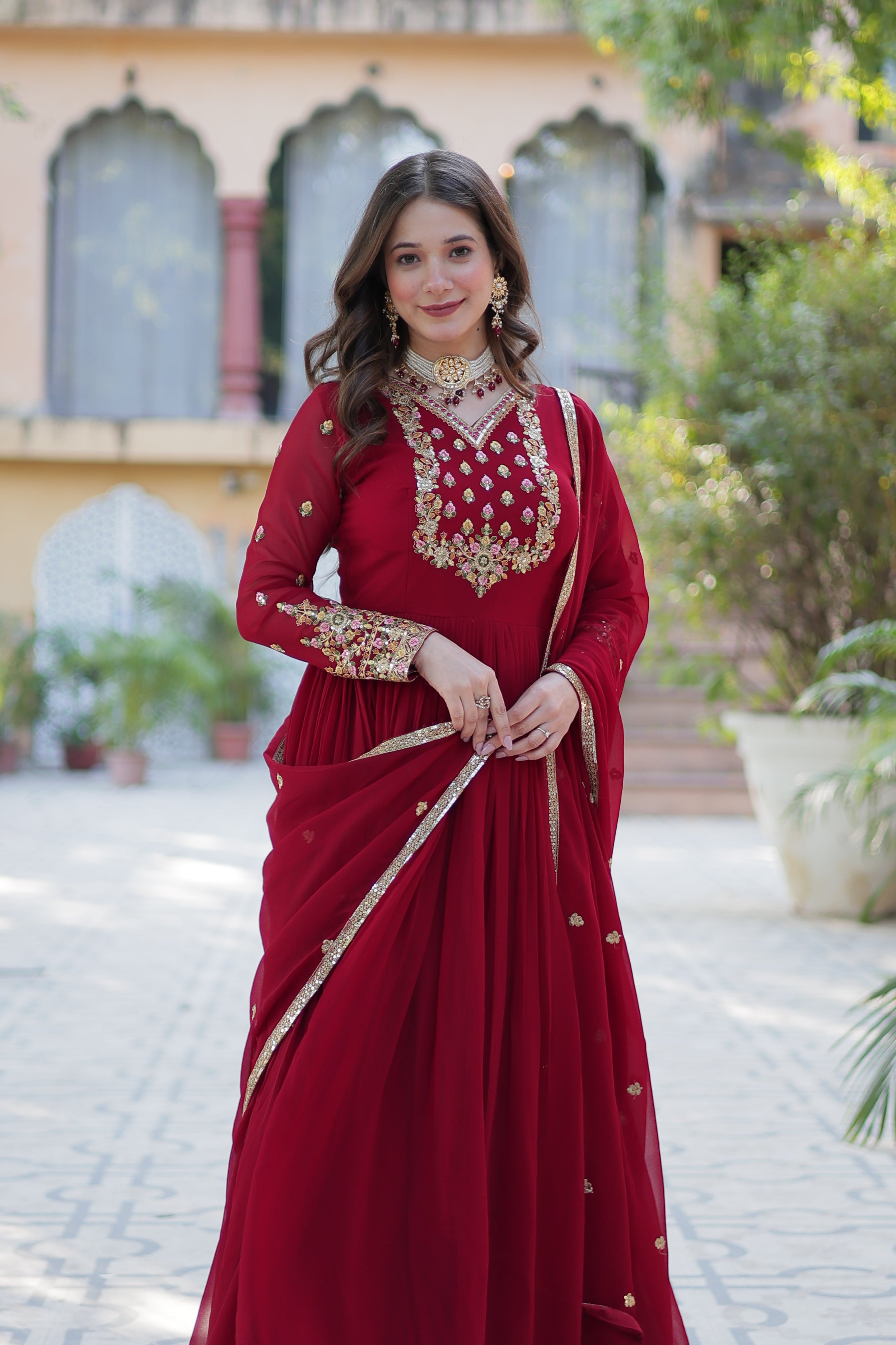 Red Embroidered Anarkali Suit with Dupatta for Women