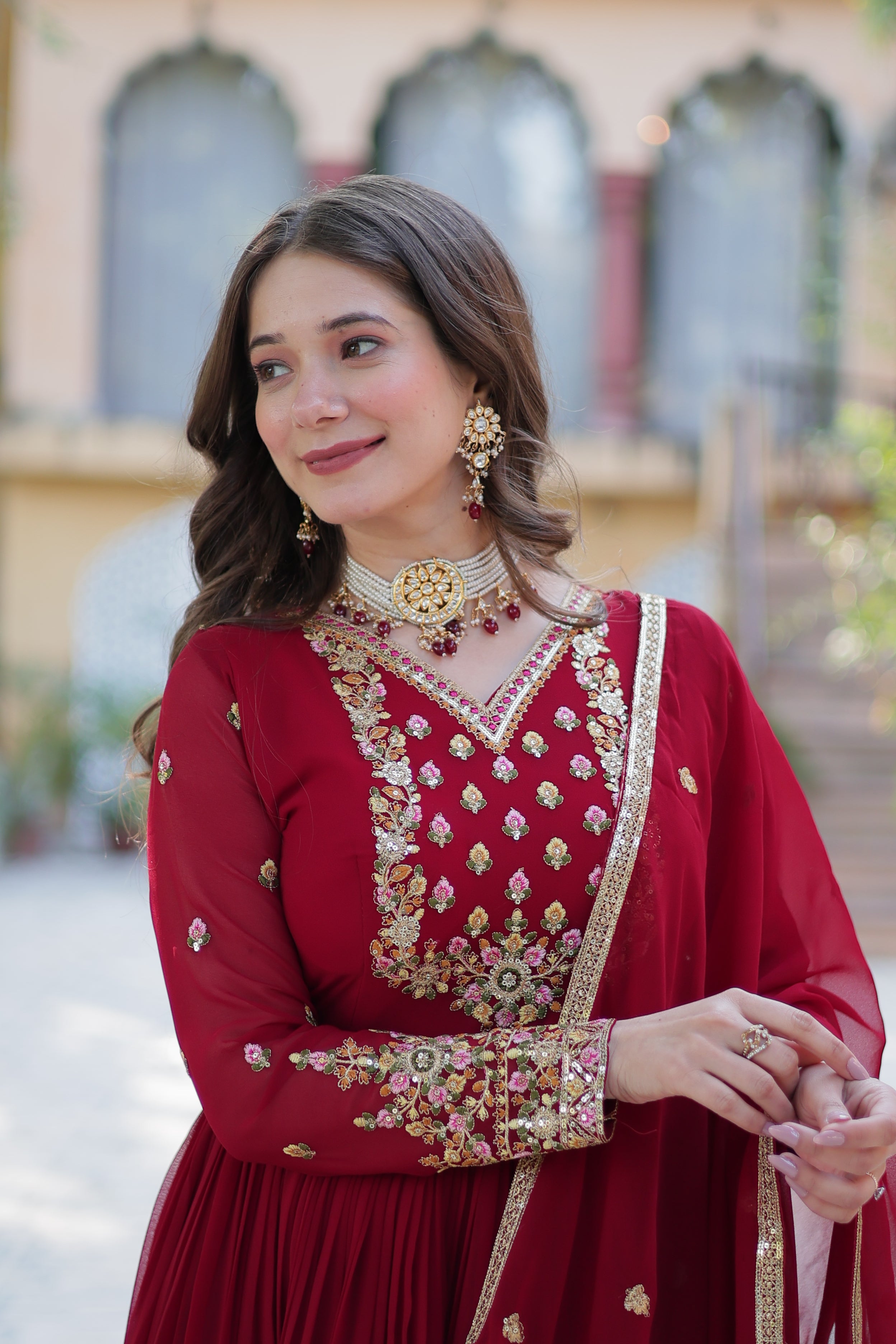 Red Embroidered Anarkali Suit with Dupatta for Women