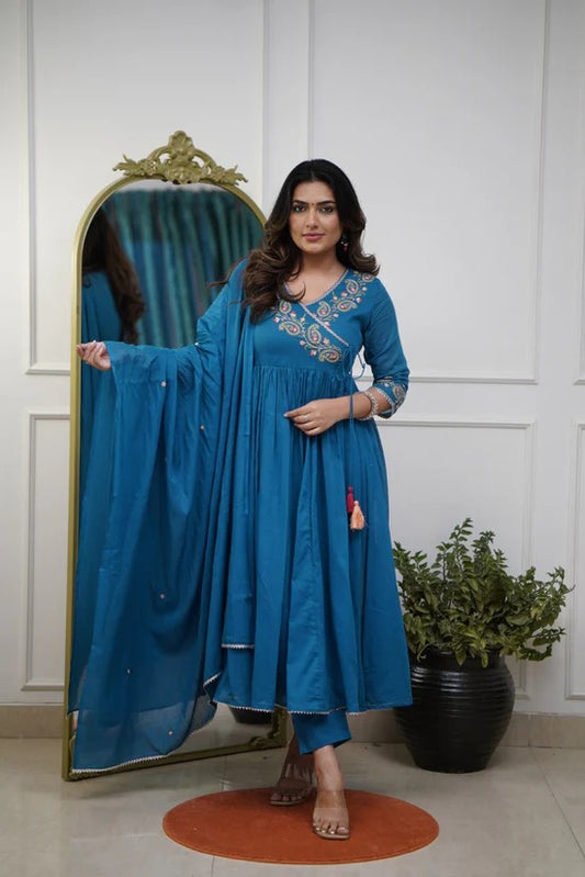 Teal Blue Embroidered Kurta Set