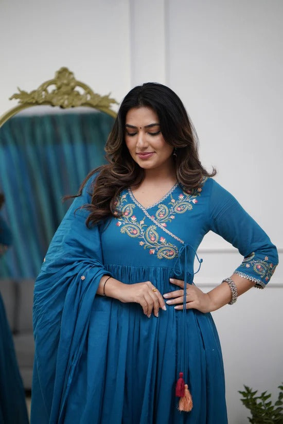 Teal Blue Embroidered Kurta Set with Dupatta for Women