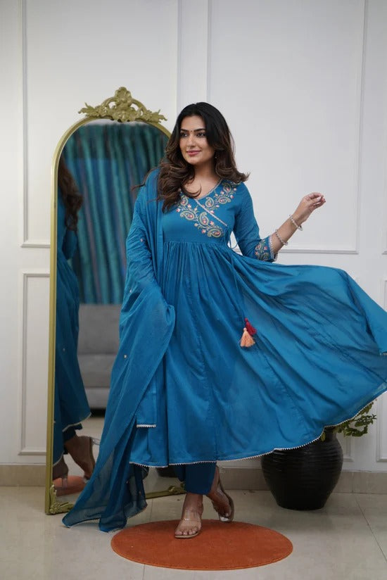Teal Blue Embroidered Kurta Set with Dupatta for Women