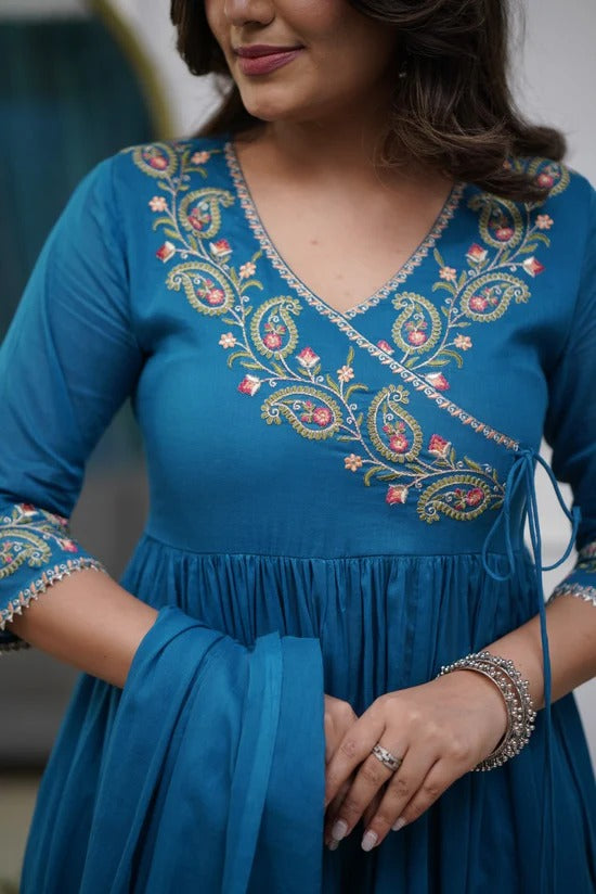 Teal Blue Embroidered Kurta Set with Dupatta for Women