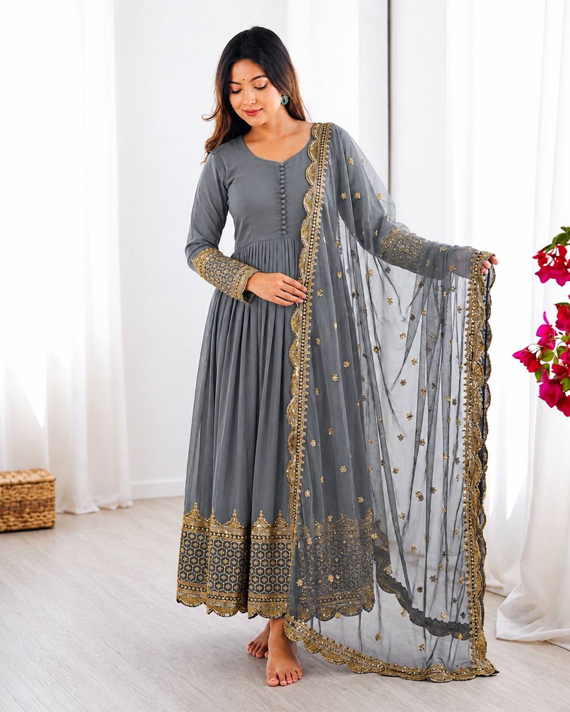 Georgette Anarkali Suit Set with Heavy Scallop Embroidered Border & Dupatta