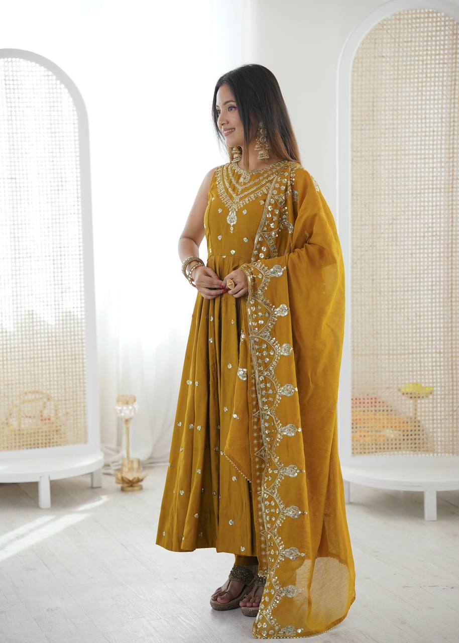 Sleeveless Heavy Yoke Embroidered Anarkali Suit with Cutwork Mirror Border Dupatta Set for Women