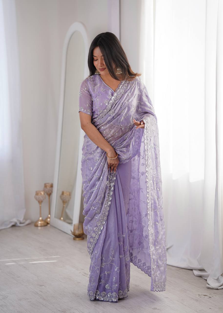 Pastel Organza Embroidered Saree with Scalloped Cutwork Border & Unstitched Blouse