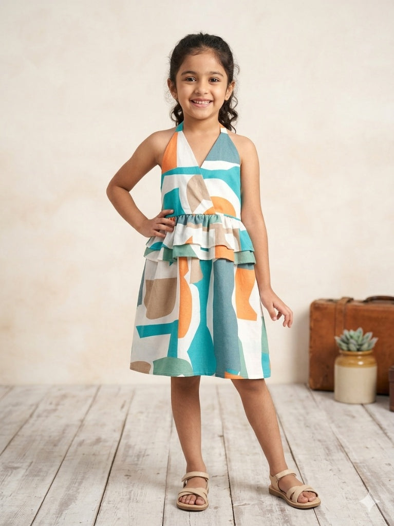 Girls Abstract Geometric Printed Halter Neck Tiered A-Line Dress