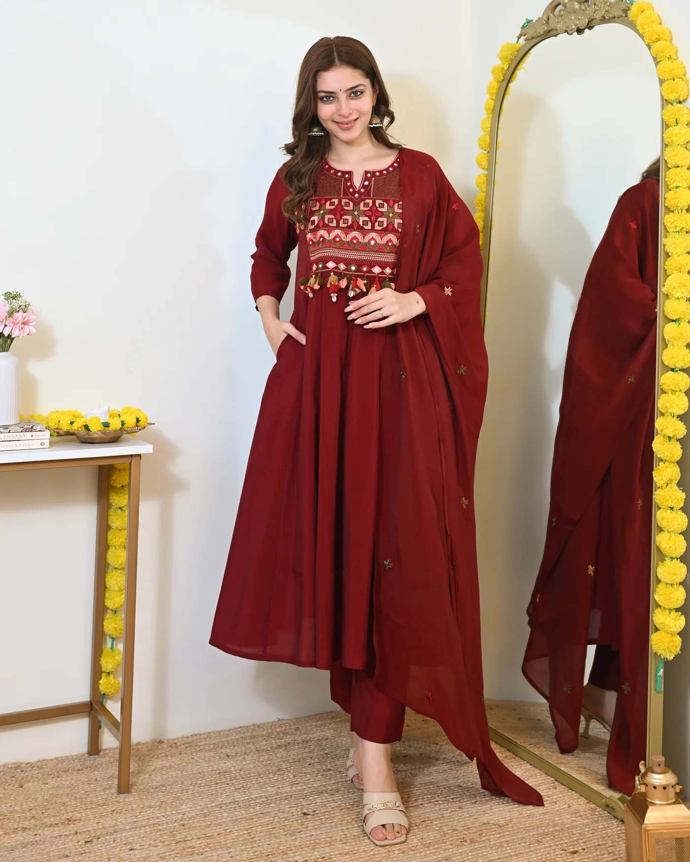 Designer Maroon Kurta Set with Dupatta & Pants
