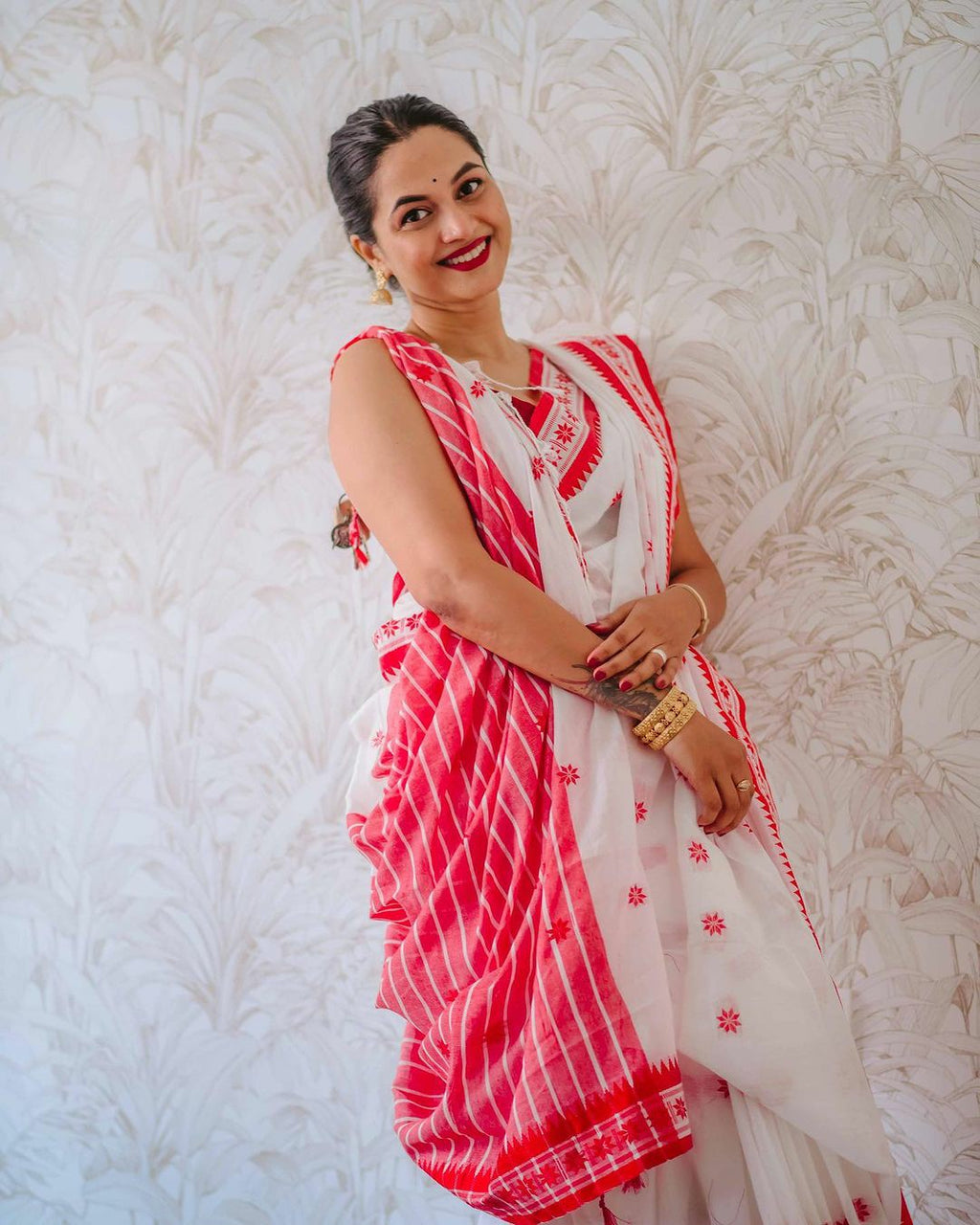 White Cotton Silk Saree with Red Border