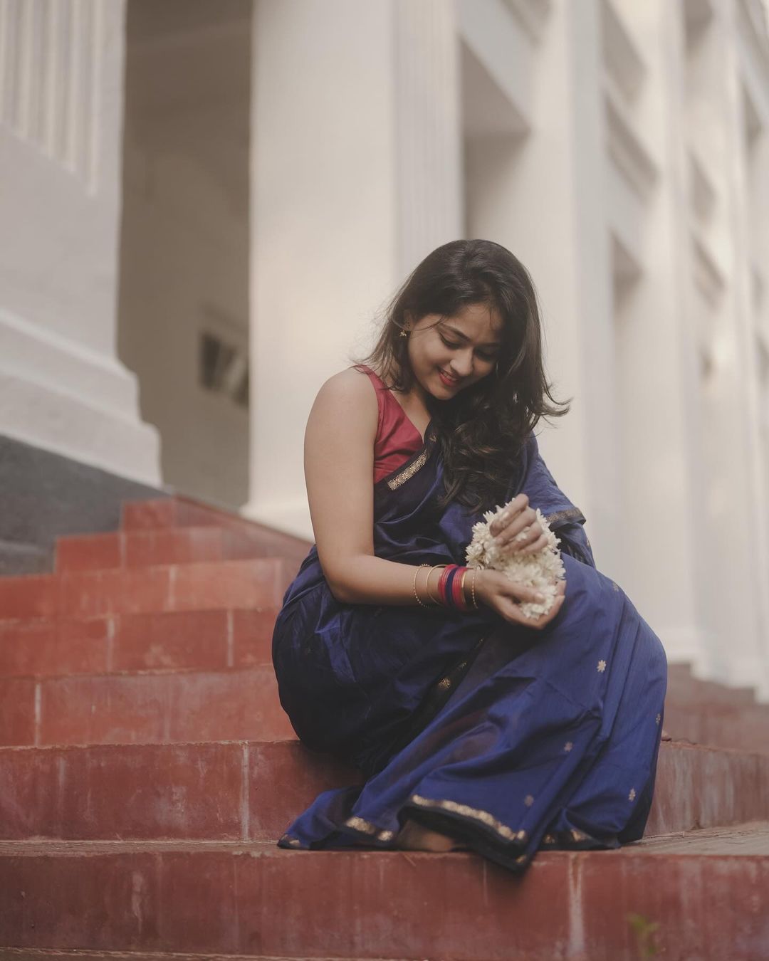 Royal Blue Saree with Red Pallu & Golden Border