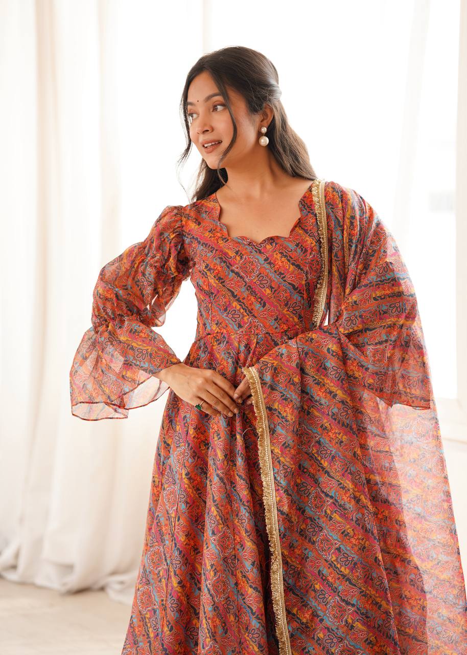 Rust Orange Floral Printed Anarkali Suit Set with Bell Sleeves & Dupatta