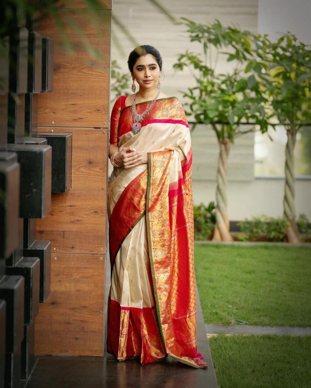 Beige Silk Saree with Red & Gold Zari Border
