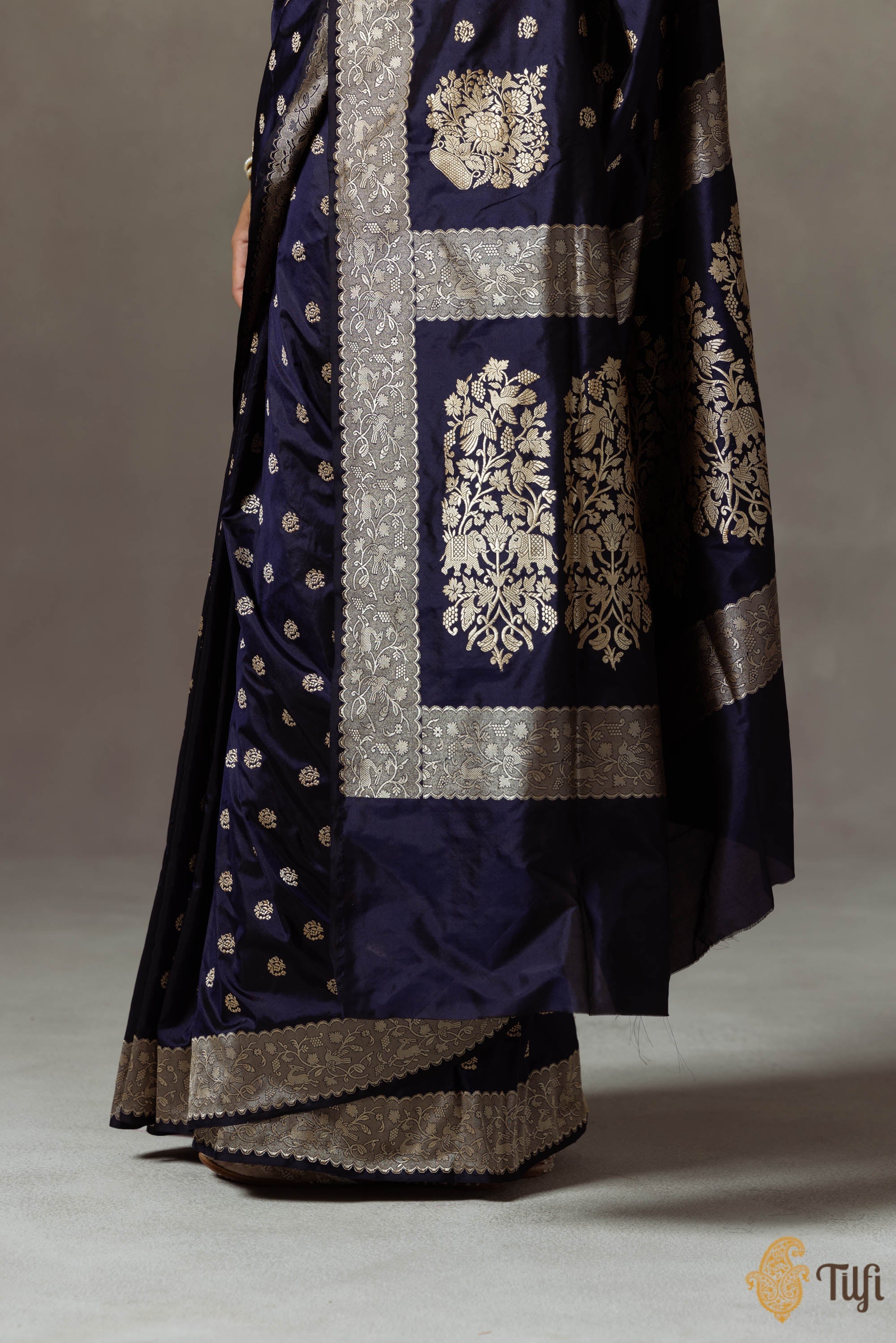Blue Banarasi Silk Saree with Gold Zari Motifs & Border