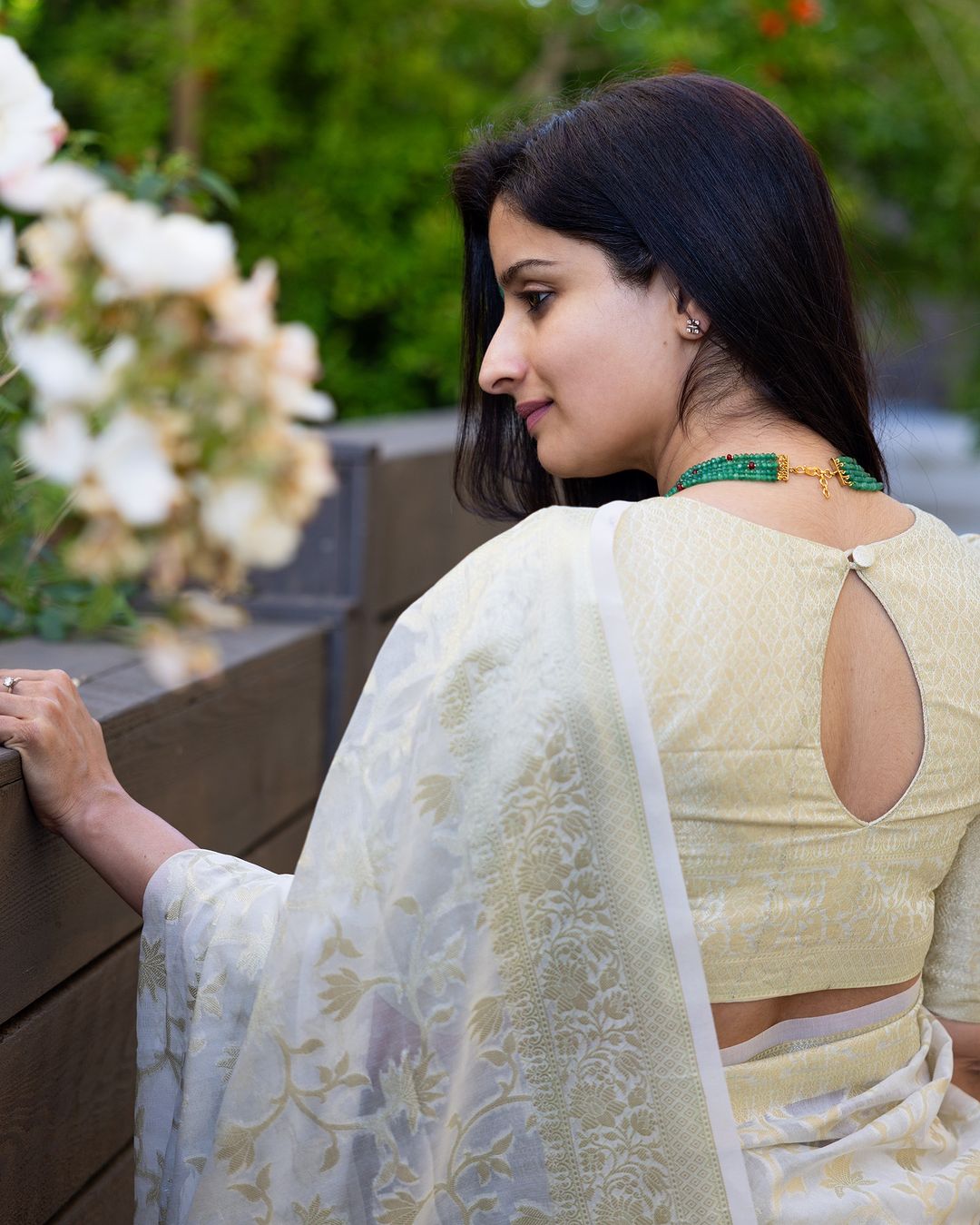 White Organza Silk Saree with Gold Floral Zari Weaving