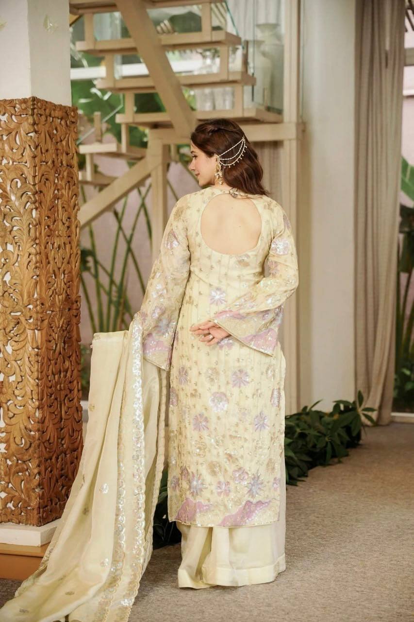 Ethereal Cream & Pastels Sequined Floral Embroidered Silk Kurta with Wide Palazzo Pants & Embellished Dupatta Set for Women