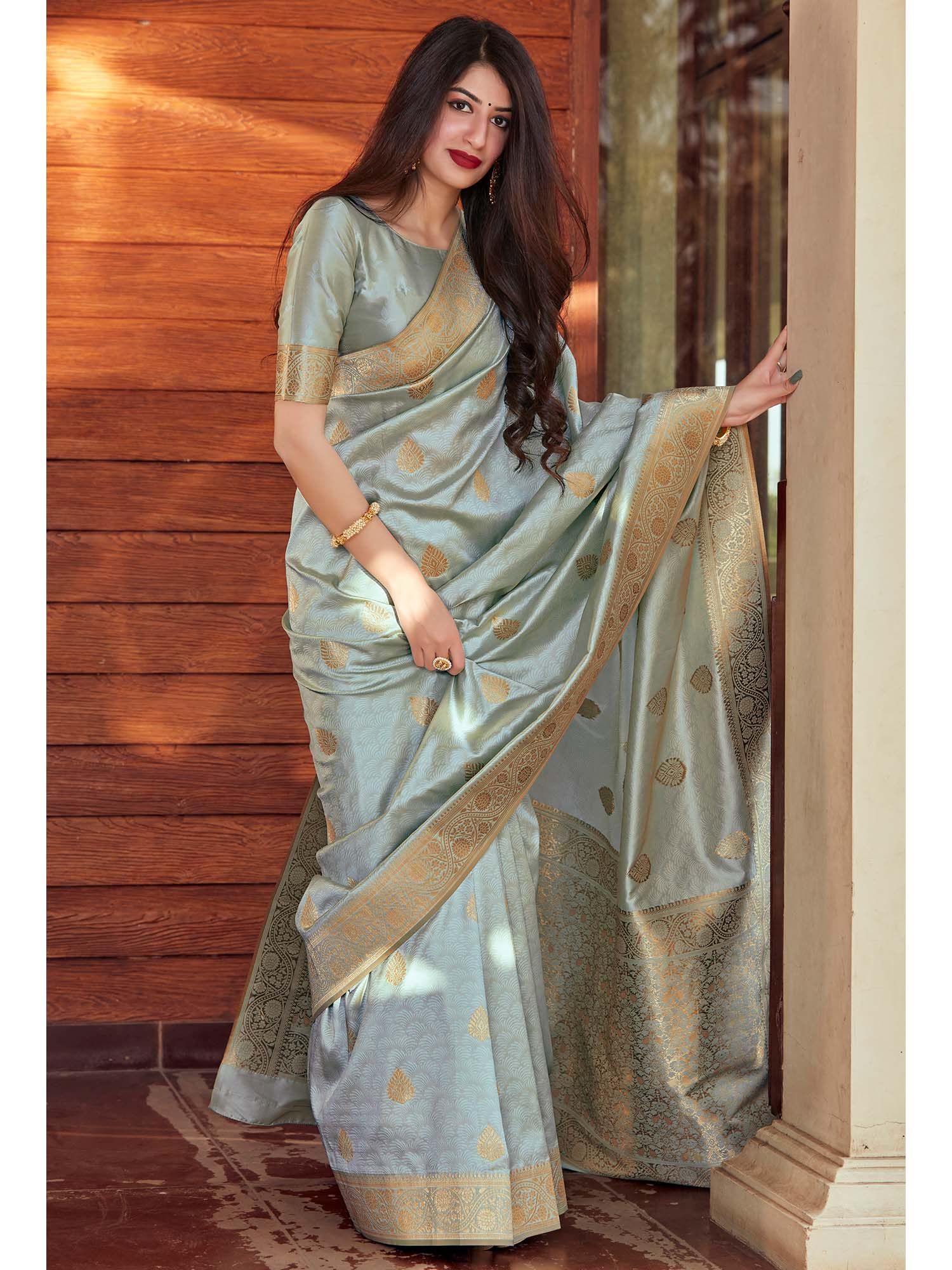 Pastel Mint Grey Silk Saree with Gold Zari Work